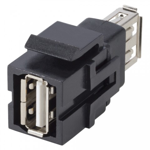 USB, 5-pol , plastic-, Patch-female connector, nickel plated contact(s), Keystone Clip-In, black 
