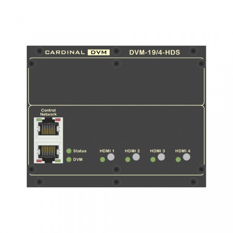 CARDINAL DVM ¼ -19“-Picture source selector, Conference, IN: 4 x HDMI-IN/2 x RJ45 | OUT: 2 x HDMI-OUT/1 x SPDIF Digital Audio OUT/4-pole XLR male – ext. PSU, 2 HE, W x H x D: 106,5 mm x 84 mm x 133 mm 