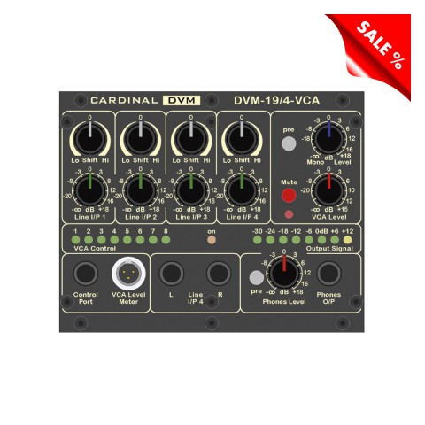 CARDINAL DVM ¼ -19“-Stereo mixer, IN: 4 x Stereo IN via 4 x 2 x 6.3 mm TRS jack sockets (Back)/1 x Control port for display unit via 3-pin mini-XLR (Front)/1 x Stereo IN via 3-pin 3,5 mm TRS jack socket (Front)/1 x VCA port for swell pedal via 6.3 mm TRS 
