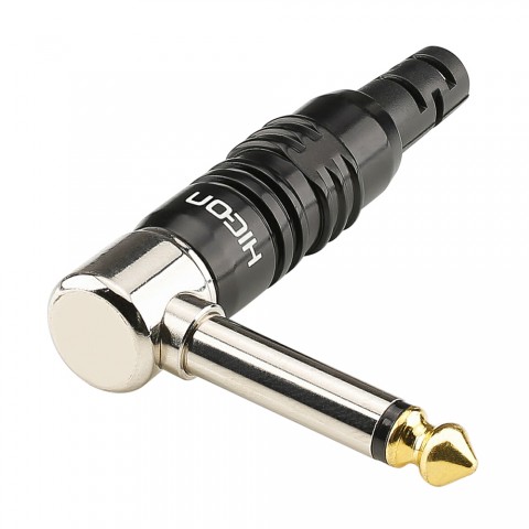 HICON jack (6,3mm), 2-pole , metal-, Soldering-male connector, Goldtip contact(s), 90° angled, black 