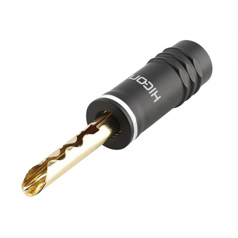 HICON Banana connector with toothed clamp, 1-pol , metal-, Clamp technic-male connector, hard gold-plated contact(s), straight, max. 6 mm², black mat 