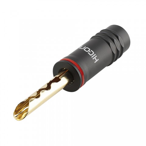 HICON Banana connector with toothed clamp, 1-pol , metal-, crimp-male connector, hard gold-plated contact(s), straight, max. 6 mm², black mat 