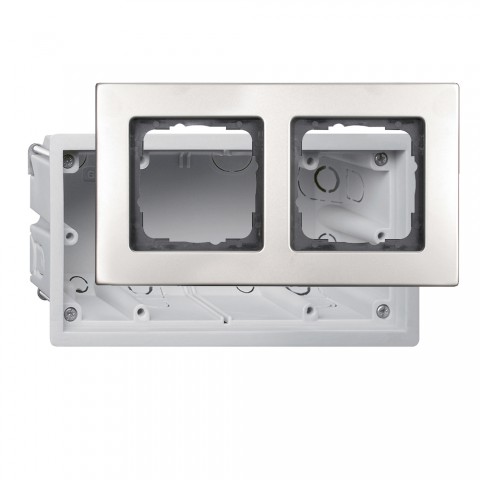 Flush socket + switch frame, Flush socket + switch frame for flat mounting 4-fold, width: 100 mm, height: 50 mm, stainless steel 