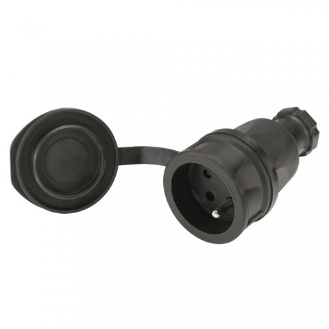 Cable socket, French standard, 2-pole , rubber-, screw-type-female connector, nickel plated contact(s), straight, max. 2,5 mm², black 