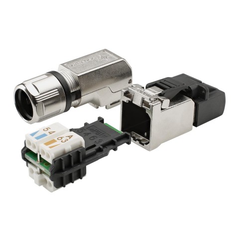 RJ45 CAT.6a, 8-pole , metal-, IDC-male connector, gold plated contact(s), 90° angled, silver-grey 