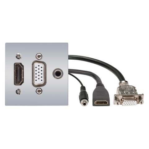 connection-modul HDMI fem. —>   0.15 m (0.5 ft.) breakout cable HDMI fem. + VGA fem. —>   0.15 m (0.5 ft.) breakout cable VGA fem. + 3.5 mm (1/8") stereo mini jack fem. —>  0.15 m (0.5 ft.) breakout cable 3.5 mm (1/8") stereo mini jack fem., scale: 45x45 