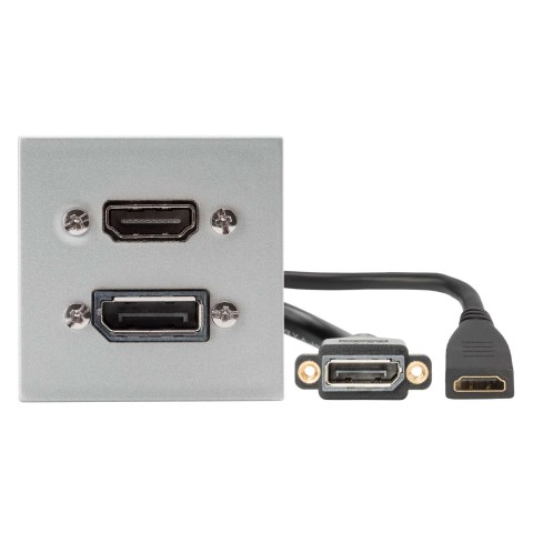 Anschluss-Modul Displayport fem. —>  0,15 m Kabelpeitsche Displayport fem. + HDMI fem. —> 0,15 m Kabelpeitsche HDMI fem., Baugröße: 45x45 mm, Kunststoff, Farbe: alusilber 
