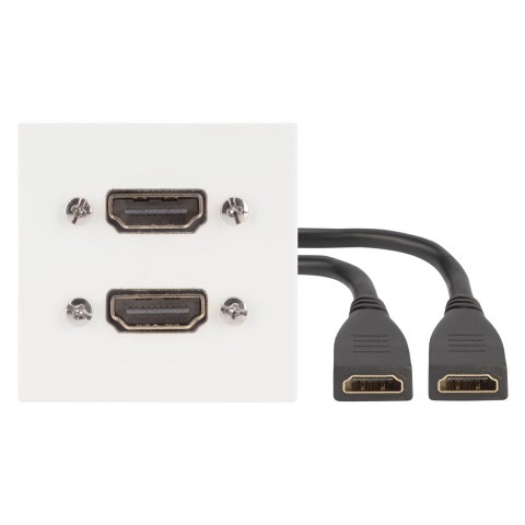 Anschluss-Modul 2 x HDMI fem. —> 2 x 0,15 m Kabelpeitsche HDMI fem., Baugröße: 45x45 mm, Kunststoff, Farbe: reinweiss, RAL 9010 