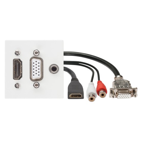 connection-modul HDMI fem. —> 0.15 m (0.5 ft.) breakout cable HDMI fem. + VGA fem.  —>   0.15 m (0.5 ft.) breakout cable VGA fem. + 3.5 mm (1/8") stereo mini jack fem. —> 0.15 m (0.5 ft.) breakout cable 2 x RCA/RCA fem., scale: 45x45 mm, plastic, colour: 