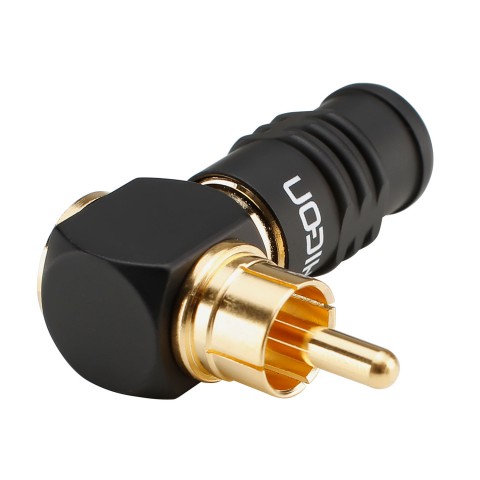 HICON RCA screw & play, 2-pole , metal-, screw-type-male connector, hard gold-plated contact(s), 90° angled, black 