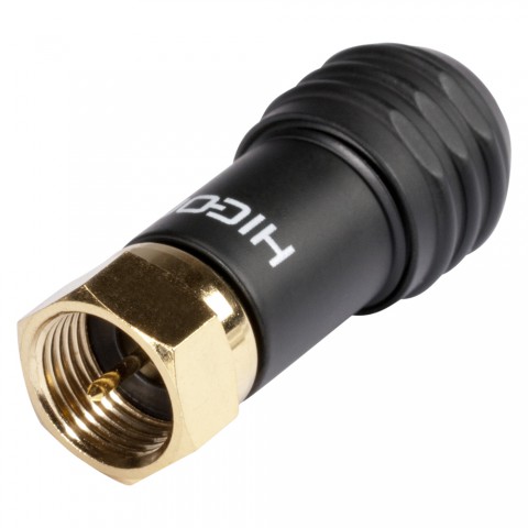 HICON F-plug, 2-pole , metal-, screw-type-male connector, gold plated contact(s), straight, black mat 