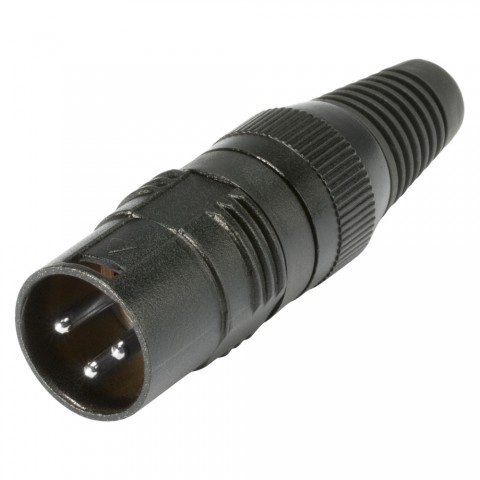 HICON XLR PRO+, 3-pole male, silver-plated contacts, black metal housing, black metal cap, 6-chuck collet strain relief 