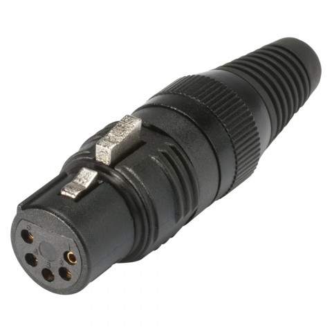 HICON XLR PRO+, 5-pole female, gold-plated contacts, black metal housing, black metal cap, 6-chuck collet strain relief 
