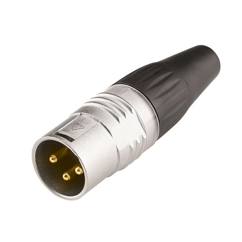 HICON XLR BASIC, 3-pole male, gold-plated contacts, nickel-plated metal housing, conductive surface, black plastic cap, 3-chuck collet strain relief 