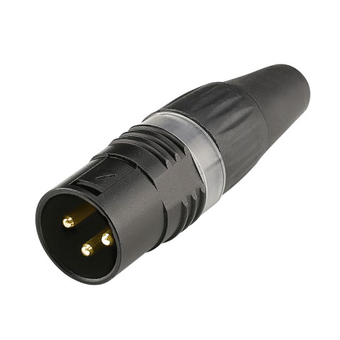 HICON XLR BASIC, 3-pol male, vergoldete Kontakte, Metallgehäuse schwarz, Kunststoffkappe schwarz, 3-Backen-Spannzangen-Zugentlastung 