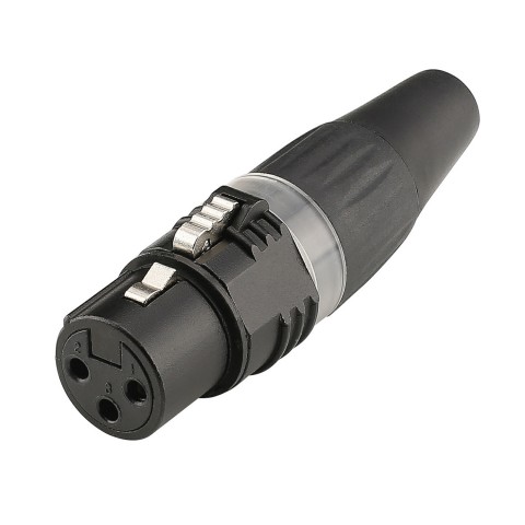 HICON XLR BASIC, 3-pole female, gold-plated contacts, black metal housing, black plastic cap, 3-chuck collet strain relief 