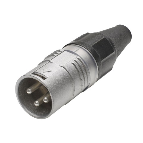 HICON XLR PRO+, 3-pole male, silver-plated contacts, nickel-plated metal housing, conductive surface, black metal cap, 6-chuck collet strain relief 