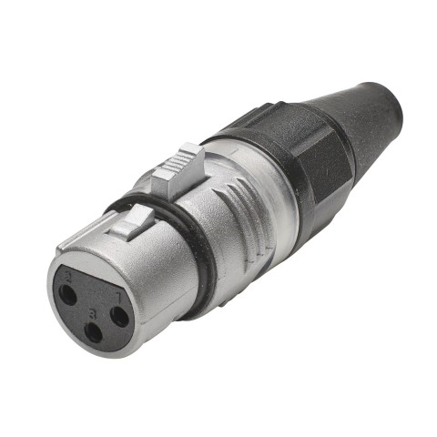 HICON XLR PRO+, 3-pole female, silver-plated contacts, nickel-plated metal housing, conductive surface, black metal cap, 6-chuck collet strain relief 