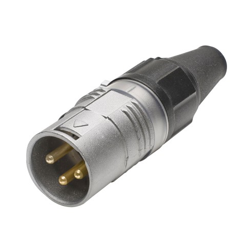 HICON XLR PRO+, 3-pole male, gold-plated contacts, nickel-plated metal housing, conductive surface, black metal cap, 6-chuck collet strain relief 