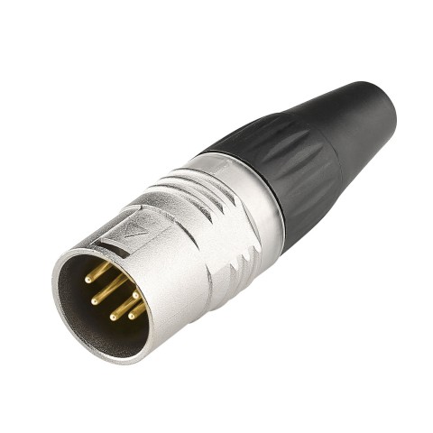 HICON XLR BASIC, 5-pole male, gold-plated contacts, nickel-plated metal housing, conductive surface, black plastic cap, 3-chuck collet strain relief 