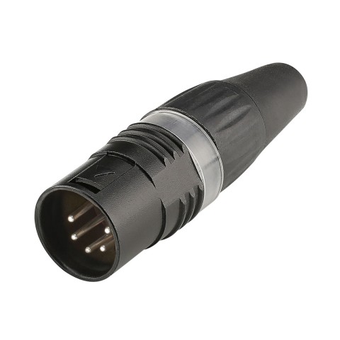 HICON XLR BASIC, 5-pole male, silver-plated contacts, black metal housing, black plastic cap, 3-chuck collet strain relief 