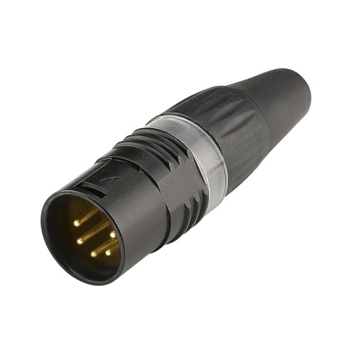 HICON XLR BASIC, 5-pole male, gold-plated contacts, black metal housing, black plastic cap, 3-chuck collet strain relief 