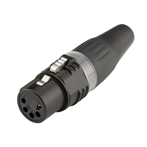 HICON XLR BASIC, 5-pole female, gold-plated contacts, black metal housing, black plastic cap, 3-chuck collet strain relief 