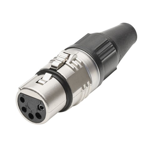 HICON XLR PRO+, 5-pole female, silver-plated contacts, nickel-plated metal housing, conductive surface, black metal cap, 6-chuck collet strain relief 