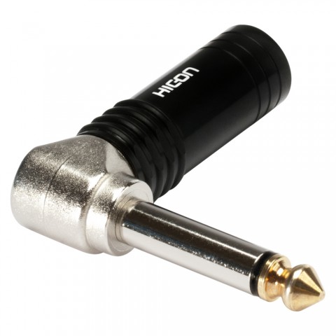 HICON jack (6,3mm)  2-pole metal-Soldering-male connector, nickel plated with Goldtip pin, angled, black 