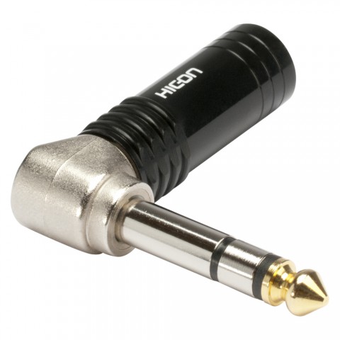 HICON jack (6,3mm)  3-pole metal-Soldering-male connector, nickel plated with Goldtip pin, angled, black 