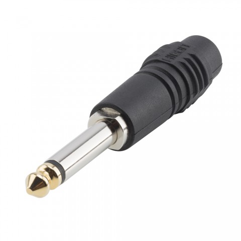 HICON jack (6,3mm)  2-pole plastic-screw-type-male connector, nickel plated with Goldtip pin, straight, black 