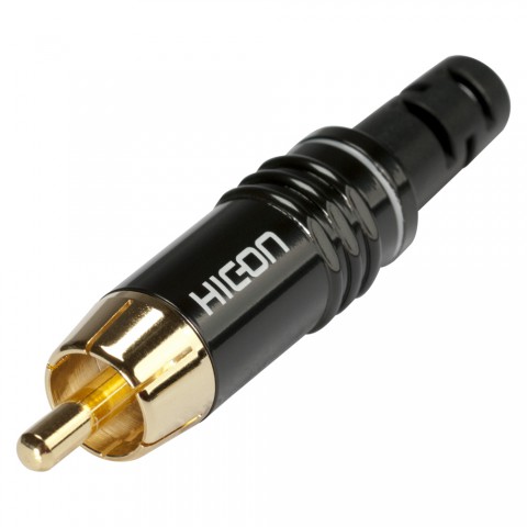 HICON RCA, 2-pole , metal-, Soldering-male connector, gold plated contact(s), straight, black 
