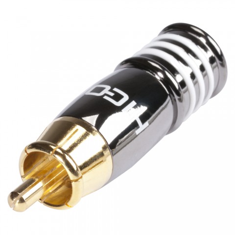 HICON RCA, 2-pole , metal-, Soldering-male connector, gold plated contact(s), straight, chrome coloured 