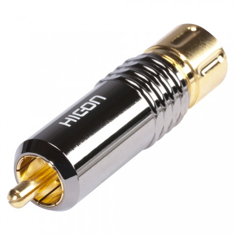 HICON RCA / phono connector, collet lock fixture, 2-pole , metal-, Soldering-male connector, gold plated contact(s), straight, chrome coloured 