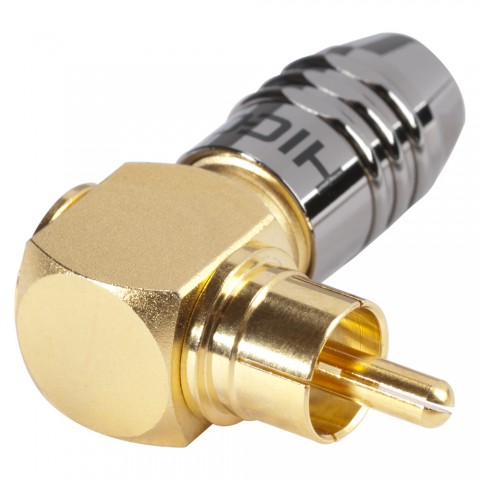 HICON RCA, 2-pole , metal-, screw-type-male connector, gold plated contact(s), angled, chrome coloured 