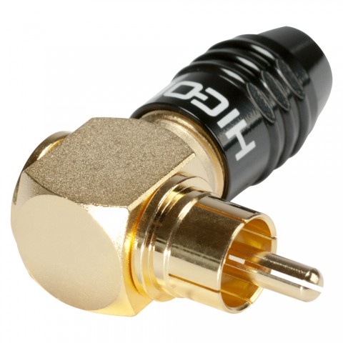 HICON RCA, 2-pole , metal-, screw-type-male connector, gold plated contact(s), angled, black 