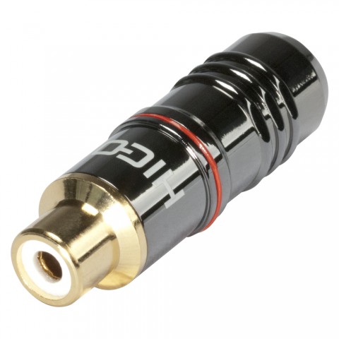 HICON RCA, 2-pole , metal-, Soldering-female connector, gold plated contact(s), straight, chrome coloured 