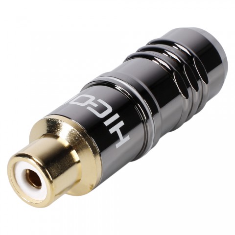 HICON RCA, 2-pole , metal-, Soldering-female connector, gold plated contact(s), straight, chrome coloured 