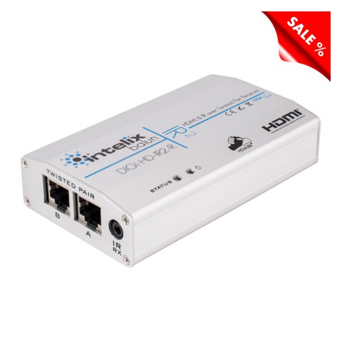 INTELIX HDMI Baluns IX-DIGI-HD-IR2-R-EU, HDMI Receiver, IN: 2 x RJ45 (beide Leitungen müssen angeschlossen werden) | OUT: HDMI + Miniklinke 