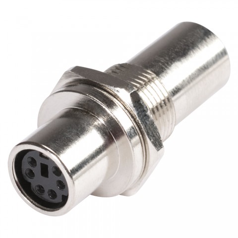 HICON S-VHS, 6-pole , metal-, Patch-female connector, nickel plated contact(s), thread 1/2", nickel coloured 