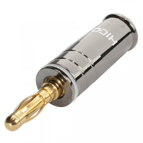 HICON Banana, 1-pol , metal-, screw-type-male connector, gold plated contact(s), straight, chrome coloured 