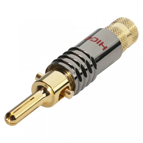 HICON Banana with spreading clip, 1-pol , metal-, screw-type-male connector, gold plated contact(s), straight, chrome coloured 