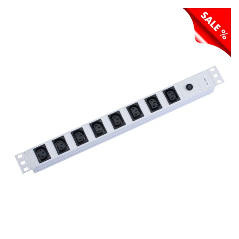 multiple socket outlet, 8 x IEC mains, cable length: 2 m, Rack Version 19" 1HE, Schuko connector male, 10 A microfuse 